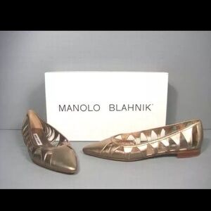 Manolo Blahnik 39 / US 8 Spicchio Metallic Gold Leather Cut Out Ballerina Flats